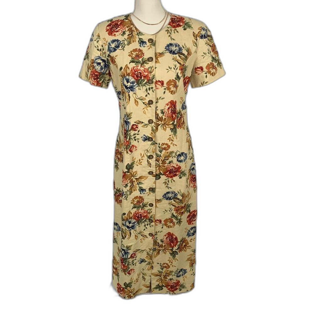 Vintage Talbots Midi Floral Button Up Dress Split Hem Lined Linen Blend